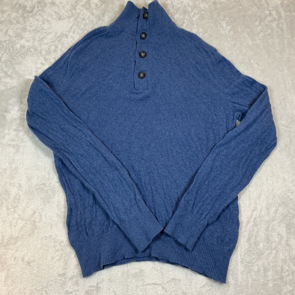Merino Wool Blend Button Mock Neck Pullover  Blue made of Italian‎ Yarn Sz L